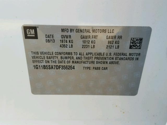 1G11B5SA7DF356264 - 2013 CHEVROLET MALIBU LS თეთრი ფოტო 10