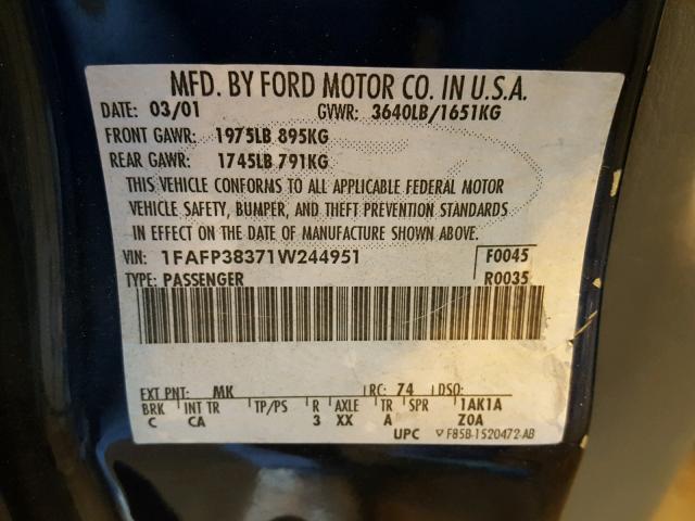 1FAFP38371W244951 - 2001 FORD FOCUS ZTS BLUE photo 10