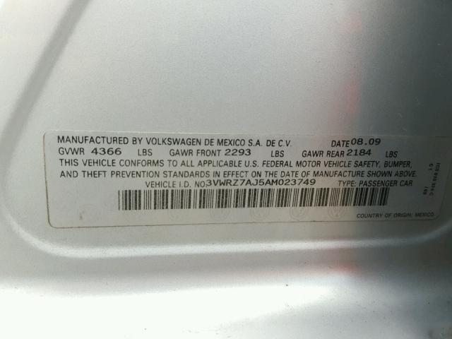 3VWRZ7AJ5AM023749 - 2010 VOLKSWAGEN JETTA SE 银色 照片 10