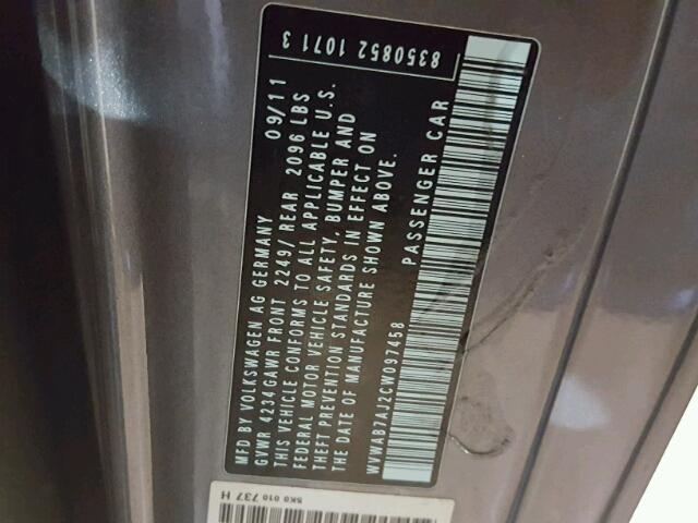 WVWAB7AJ2CW097458 - 2012 VOLKSWAGEN GOLF GRAY photo 10