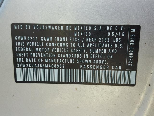 3VW2K7AJ6FM408962 - 2015 VOLKSWAGEN JETTA BASE Արծաթագույն լուսանկար 10