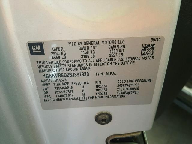 1GKKVRED2BJ397920 - 2011 GMC ACADIA SLT 银色 照片 10