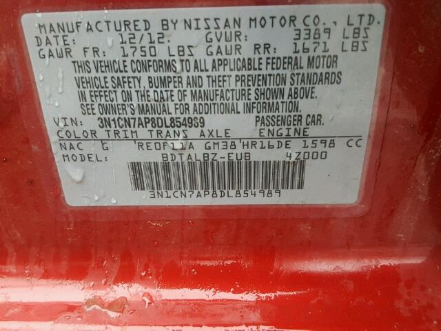 3N1CN7AP8DL854989 - 2013 NISSAN VERSA S RED photo 10