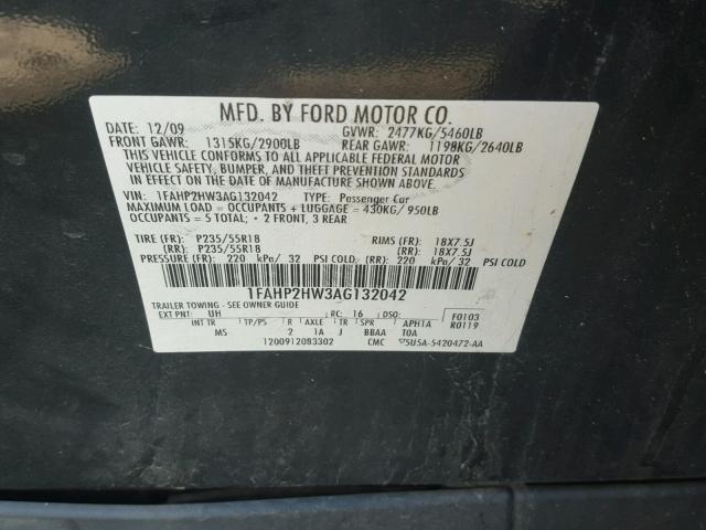 1FAHP2HW3AG132042 - 2010 FORD TAURUS SEL BLACK photo 10