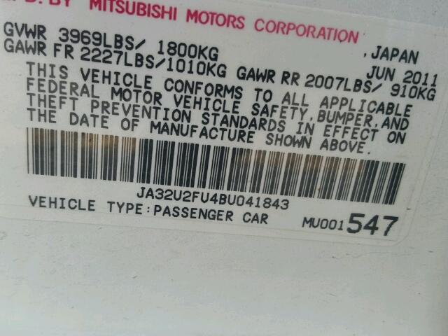 JA32U2FU4BU041843 - 2011 MITSUBISHI LANCER WHITE photo 10