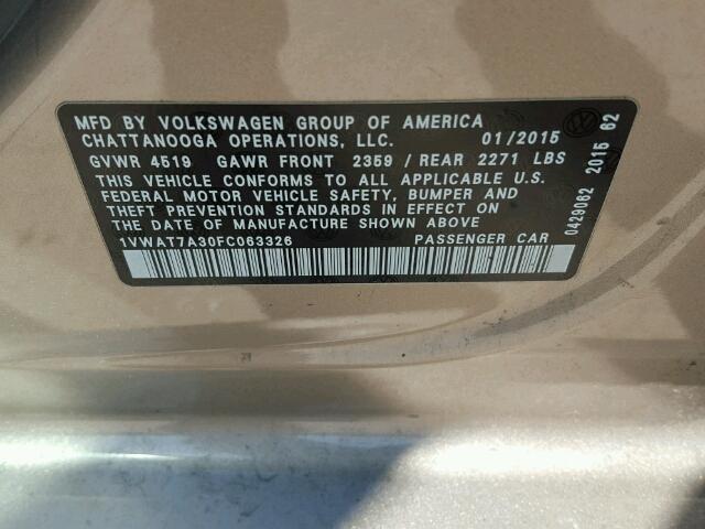 1VWAT7A30FC063326 - 2015 VOLKSWAGEN PASSAT S ყავისფერი ფოტო 10