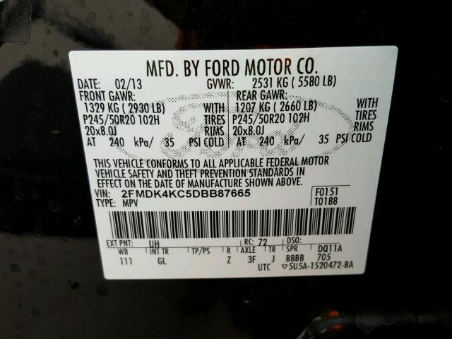 2FMDK4KC5DBB87665 - 2013 FORD EDGE LIMIT BLACK photo 10