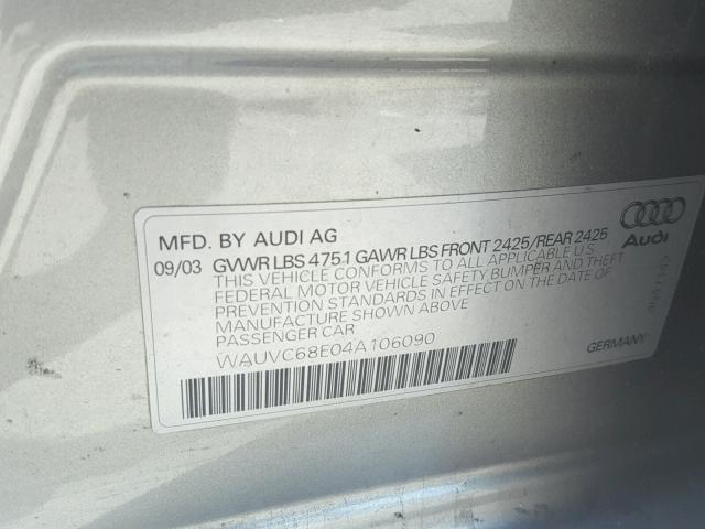 WAUVC68E04A106090 - 2004 AUDI A4 1.8T AV SILVER photo 10