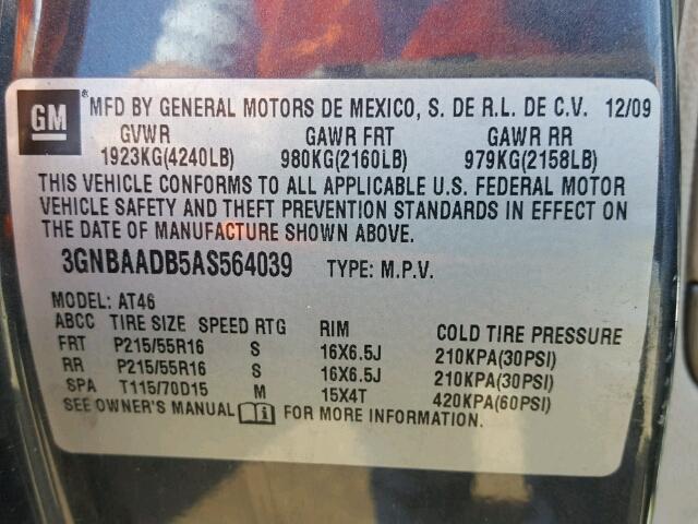 3GNBAADB5AS564039 - 2010 CHEVROLET HHR LS GRAY photo 10
