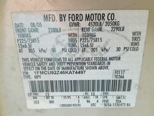 1FMCU92Z46KA74497 - 2006 FORD ESCAPE BEIGE photo 10