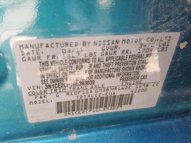 3N1CE2CP1GL393039 - 2016 NISSAN VERSA NOTE GREEN photo 10