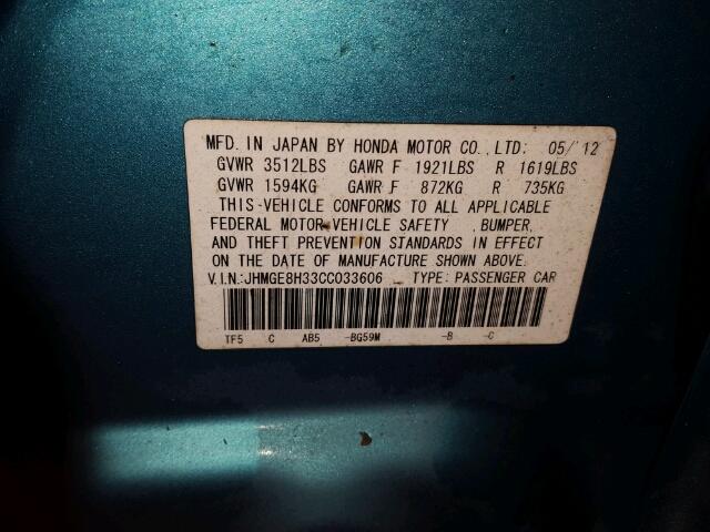 JHMGE8H33CC033606 - 2012 HONDA FIT BLUE photo 10