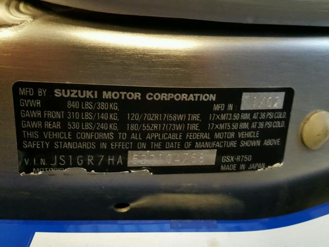 JS1GR7HA522104768 - 2002 SUZUKI GSX-R750 BLUE photo 10