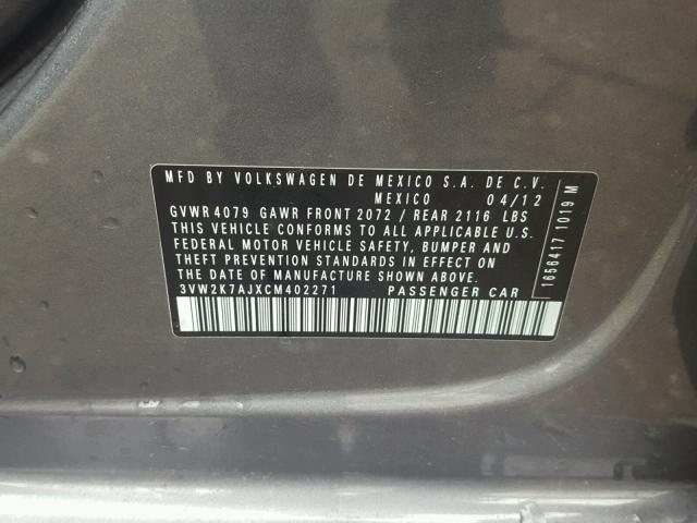 3VW2K7AJXCM402271 - 2012 VOLKSWAGEN JETTA BASE Գրաֆիտ լուսանկար 10