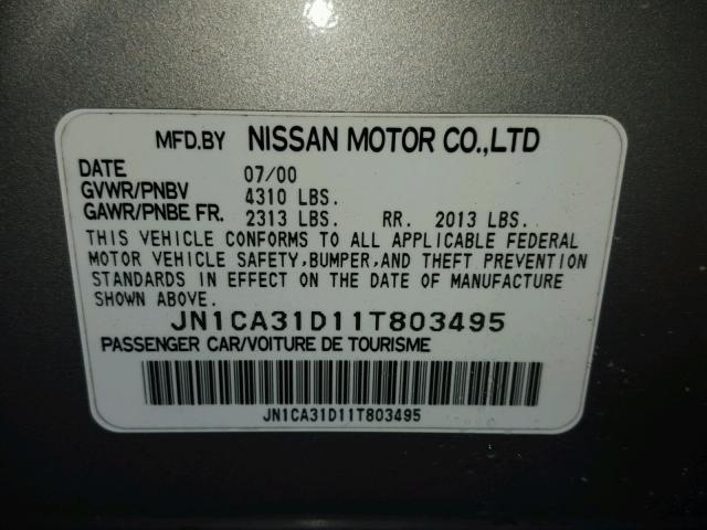 JN1CA31D11T803495 - 2001 NISSAN MAXIMA GXE GRAY photo 10