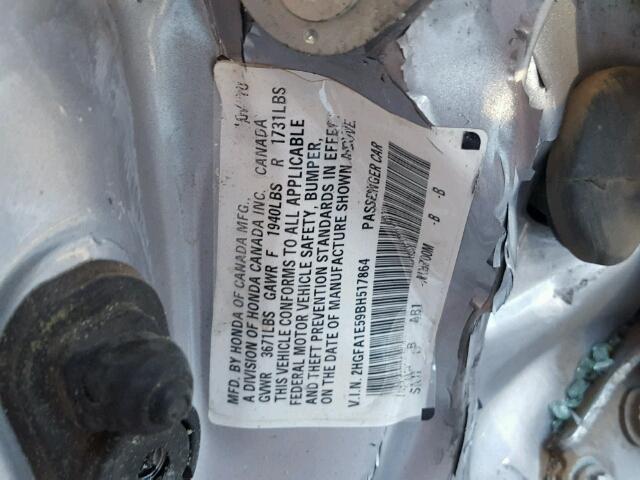 2HGFA1E59BH517864 - 2011 HONDA CIVIC LX SILVER photo 10