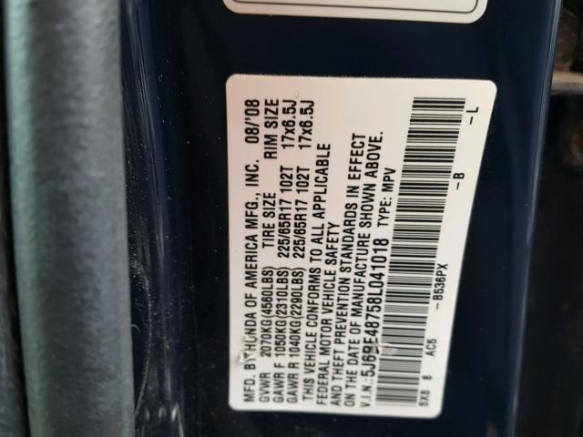 5J6RE48758L041018 - 2008 HONDA CR-V EXL BLUE photo 10