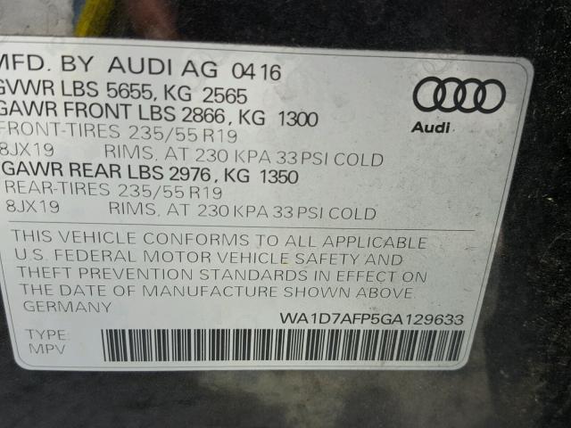 WA1D7AFP5GA129633 - 2016 AUDI Q5 PREMIUM CHARCOAL photo 10