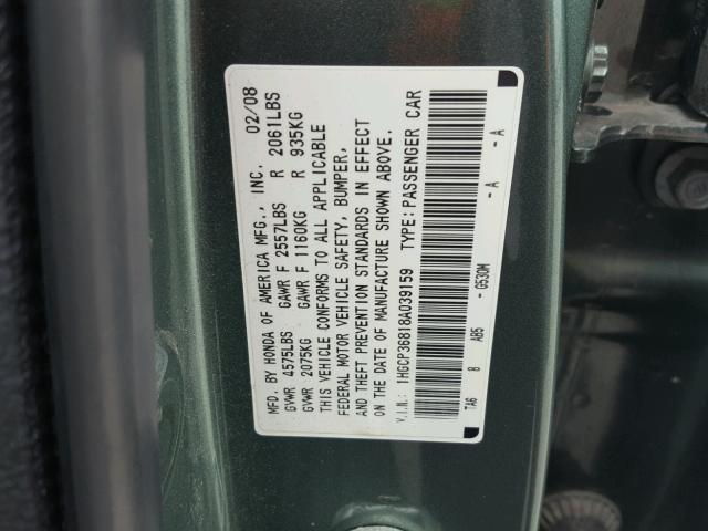 1HGCP36818A039159 - 2008 HONDA ACCORD EXL GREEN photo 10