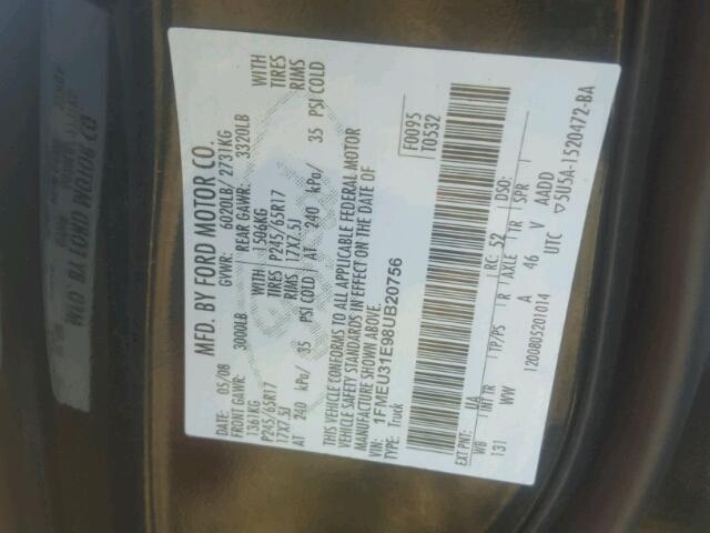 1FMEU31E98UB20756 - 2008 FORD EXPLORER S BLACK photo 10