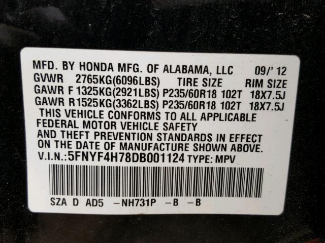 5FNYF4H78DB001124 - 2013 HONDA PILOT EXLN BLACK photo 10