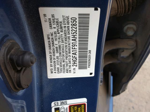 2HGFA1F91AH522850 - 2010 HONDA CIVIC EXL 蓝色 照片 10