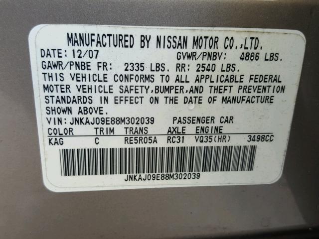 JNKAJ09E88M302039 - 2008 INFINITI EX35 BASE GOLD photo 10