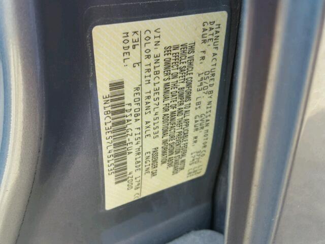 3N1BC13E57L451535 - 2007 NISSAN VERSA GRAY photo 10