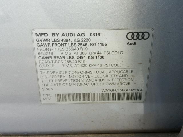 WA1GFCFS8GR021184 - 2016 AUDI Q3 PRESTIG SILVER photo 10