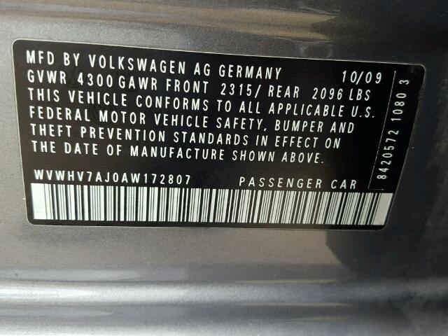 WVWHV7AJ0AW172807 - 2010 VOLKSWAGEN GTI GRAY photo 10