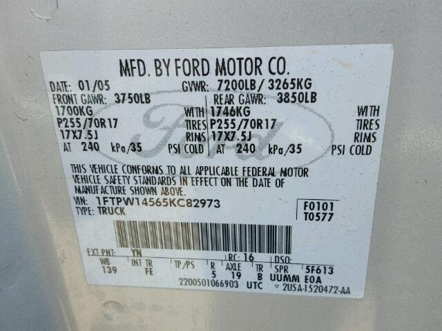 1FTPW14565KC82973 - 2005 FORD F150 SUPER GRAY photo 10