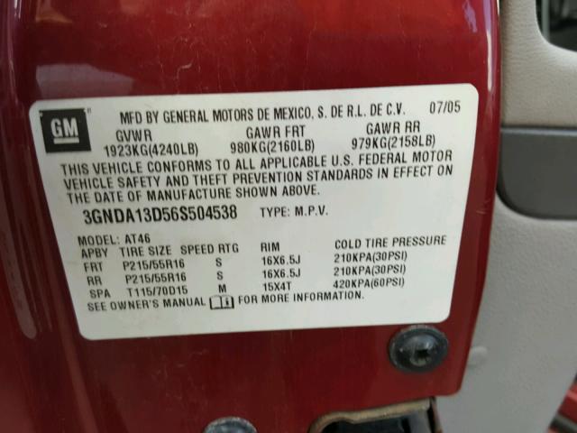 3GNDA13D56S504538 - 2006 CHEVROLET HHR LS BURGUNDY photo 10