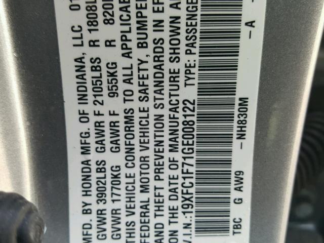 19XFC1F71GE008122 - 2016 HONDA CIVIC EXL 银色 照片 10