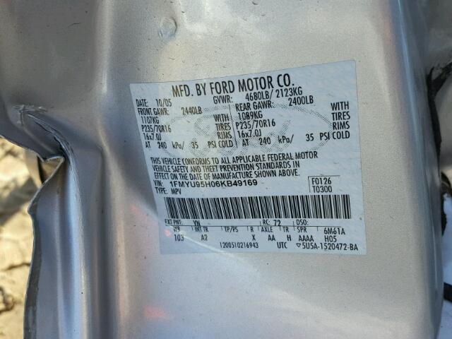 1FMYU95H06KB49169 - 2006 FORD ESCAPE HEV SILVER photo 10