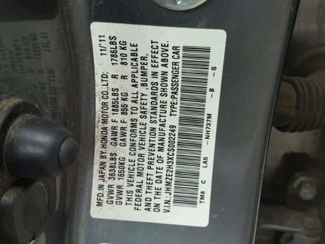 JHMZE2H3XCS002249 - 2012 HONDA INSIGHT GRAY photo 10