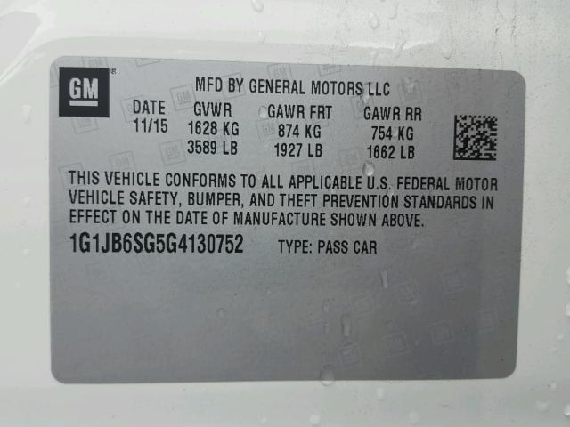 1G1JB6SG5G4130752 - 2016 CHEVROLET SONIC LS 白色 照片 10