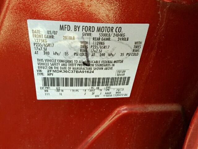 2FMDK36C37BA91624 - 2007 FORD EDGE SE RED photo 10