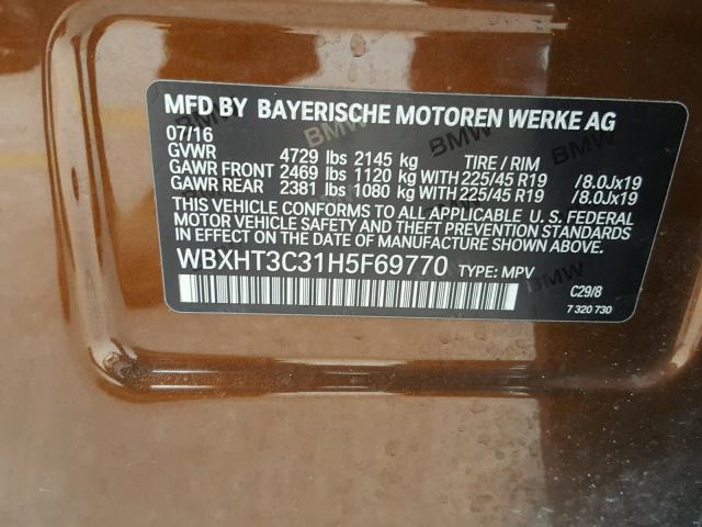 WBXHT3C31H5F69770 - 2017 BMW X1 XDRIVE2 BROWN photo 10