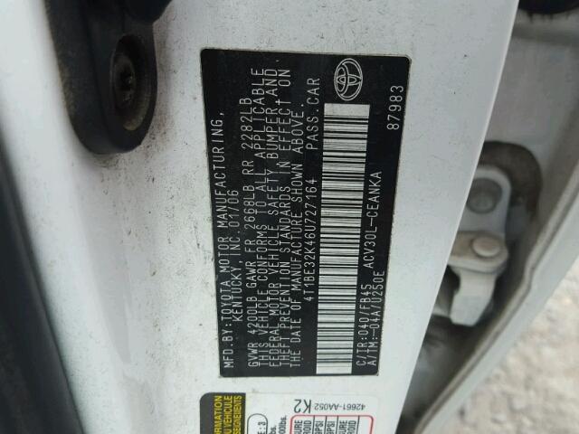 4T1BE32K46U727164 - 2006 TOYOTA CAMRY LE WHITE photo 10