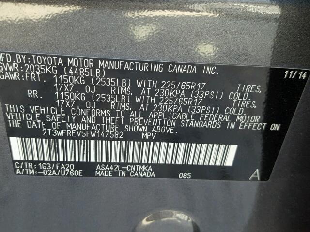 2T3WFREV5FW147582 - 2015 TOYOTA RAV4 GRAY photo 10