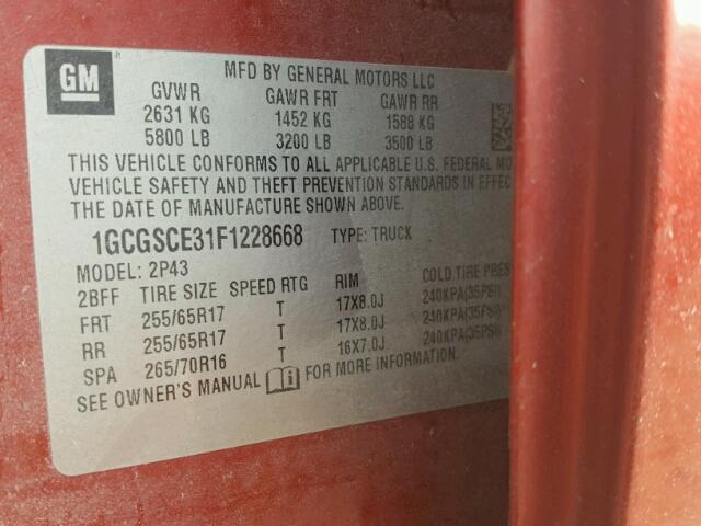 1GCGSCE31F1228668 - 2015 CHEVROLET COLORADO MAROON photo 10