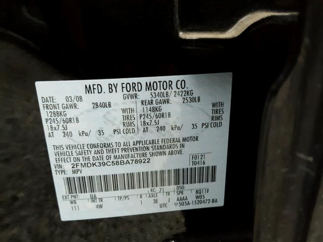 2FMDK39C58BA78922 - 2008 FORD EDGE LIMIT BLACK photo 10