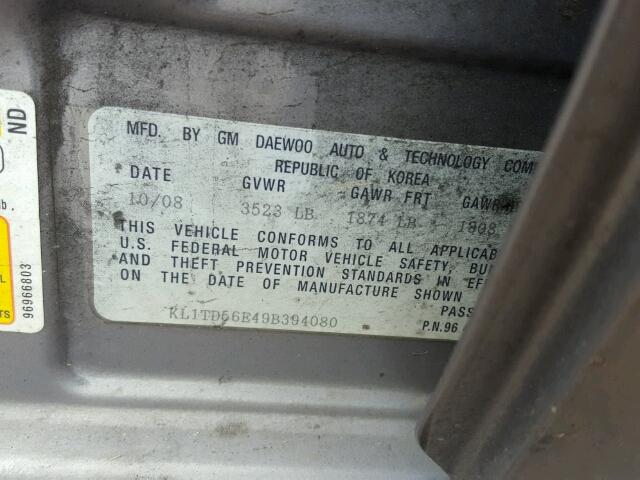 KL1TD56E49B394080 - 2009 CHEVROLET AVEO LS GRAY photo 10