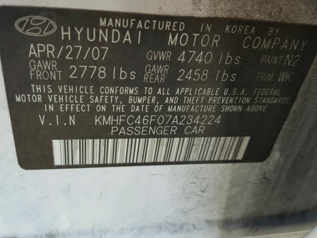 KMHFC46F07A234224 - 2007 HYUNDAI AZERA SE WHITE photo 10