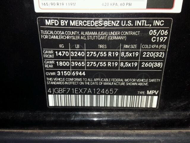 4JGBF71EX7A124657 - 2007 MERCEDES-BENZ GL BLACK photo 10