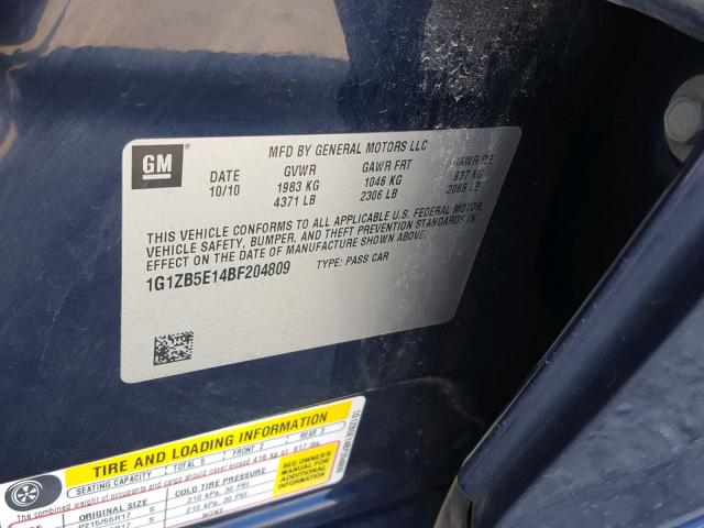 1G1ZB5E14BF204809 - 2011 CHEVROLET MALIBU LS BLUE photo 10