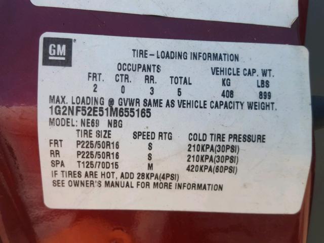 1G2NF52E51M655165 - 2001 PONTIAC GRAND AM S Bordo foto 10