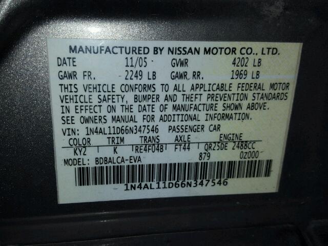 1N4AL11D66N347546 - 2006 NISSAN ALTIMA GOLD photo 10