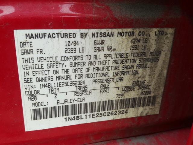 1N4BL11E25C262324 - 2005 NISSAN ALTIMA SE RED photo 10