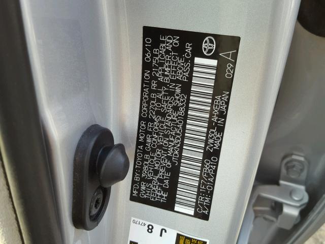 JTDKN3DU5A0188332 - 2010 TOYOTA PRIUS SILVER photo 10